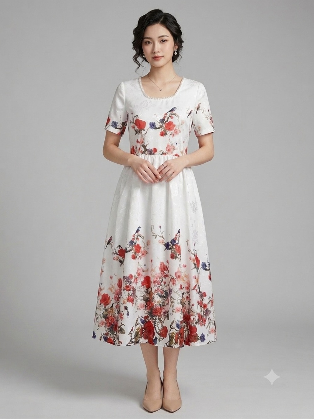 Elegant white dress with red and blue floral prints